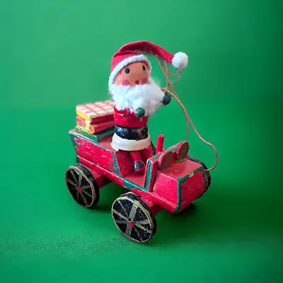 Vintage Santa In Car/Sleigh With Wheels Wooden Hand Painted Christmas Ornament • $7.50