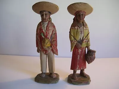 2 Vintage Mexico? Hand Carved/Painted Wood Figurines Man/Woman Pineapple Farmers • $17.99
