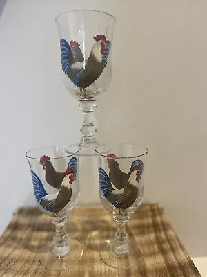 Painted Footed Wine Goblets Tea Glasses Chicken Rooster Country Farm Set 3 • $30