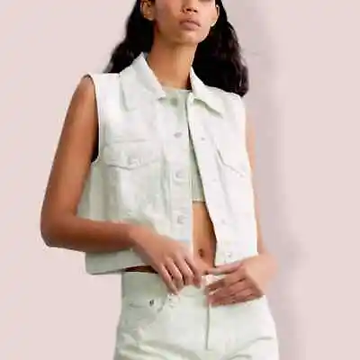 Zara Denim Vest Apple Green Cropped NWT Button Front NEW With Tags XS • $39