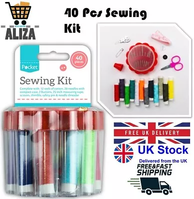 ALIZA 40 Pcs Clothes Sewing & Craft Kit Including Threads Needles Button Tape • £4.50