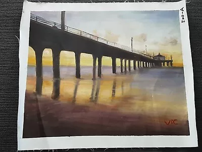 Oil On Canvas Sunset Pier Seascape Beach Medium Size Approx 68cm X 58cm Unframed • $55