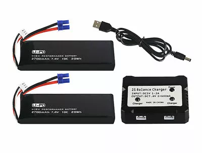 2 Pcs 7.4V 2700mAh 10C Drone LiPo Battery+USB Charger Set For Hubsan Quadcopters • £29.99