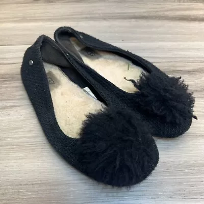 UGG Women’s Andi Sheepskin Black Knit Lined Pom Pom Shearling Slippers Size 11 • $28.42
