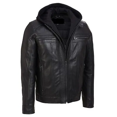 Men's Motorcycle Black Slim Fit Genuine Leather Jacket With Removable Hood • $179.99