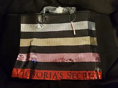 Victoria's Secret Black Sequin Stripe Weekender Bag Getaway Carry On Large Tote • $20.95