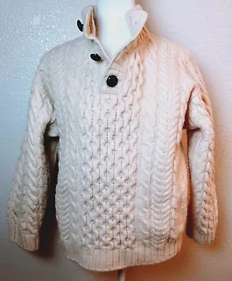 LL BEAN Cream Heritage Irish Wool Fisherman Mock Cable Knit Sweater L (READ) • $59.99