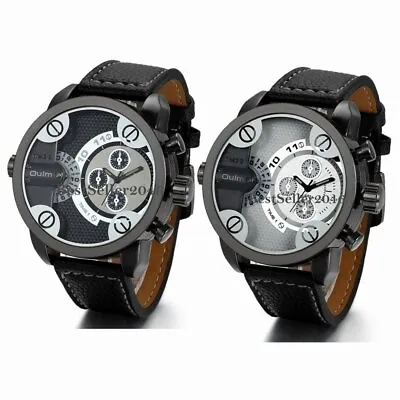 Mens Watches Dual Time Zone Leather Strap Big Face Military Quartz Sports Watch • $40.99