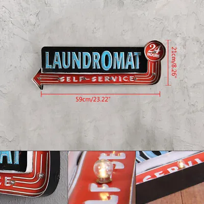 Vintage LED Light Metal Hanging Signs LAUNDROMAT Laundry Shop Store Wall Decor • $43