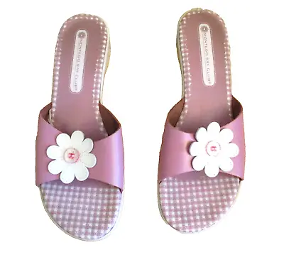 Montego Bay Wedge Heel Slip On Sandals Pink Leather Flower Size 8.5 • $4.50