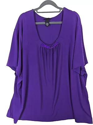 Maggie Barnes Plus Size 5X 34/36W Purple Beaded Pleated Neck Tunic Stretch Top • $19.97