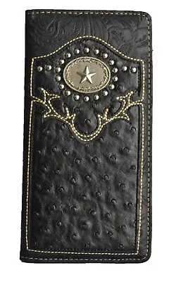 Men's Long Bi-fold Wallet Western Cowboy Lone Star Concho Checkbook Black • $15.99