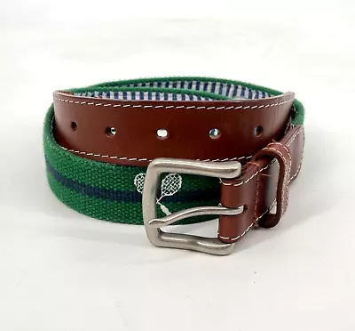 Jt Spencer LEATHER Canvas Belt Men Size 36 Belt Embroidered Tennis Rackets Green • $31.99