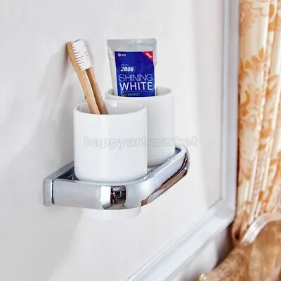 £35.99 • Buy Polished Chrome Wall Mounted Bathroom Toothbrush Holder Double Ceramics Cups