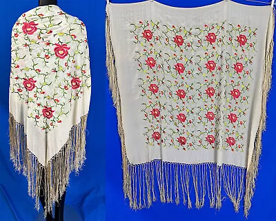Antique Art Deco Ivory Silk Pink Floral Embroidery Boho Flapper Piano Shawl VTG • $179.99