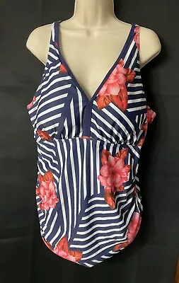 Beautiful Yonique Size 20W 2pc Womans Bathing Suit Blue With Flowers And Stripes • $12