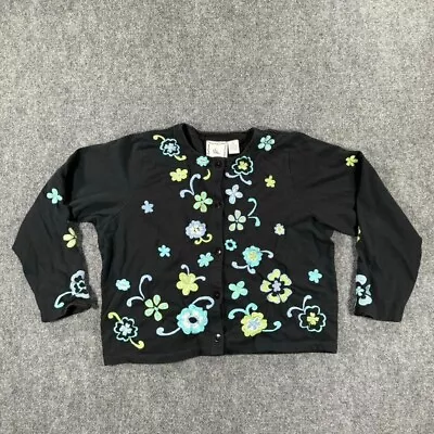 Michael Simon Womens Sweater Large Black Floral Embroidered Cardigan • $44.98