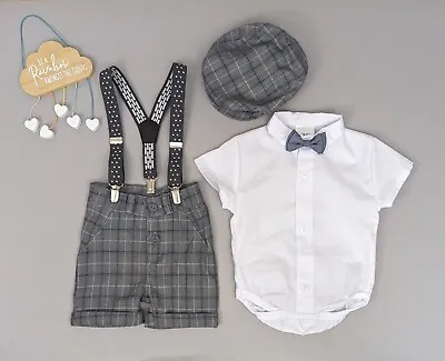 Boys 5pcs GREY Checker Formal Outfit Set Summer Suit Shorts Wedding Christening • £30.29
