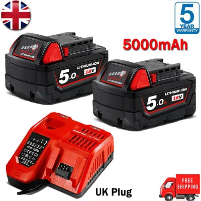 2Pack For Milwaukee M18B5 M18 18V 5.0 Ah Li-ion Battery /Charger 48-11-1860 1850 • £16.59