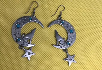 Vintage JJ Howling Wolf Crescent Moon Star Southwestern Faux Turquoise Earrings • $12