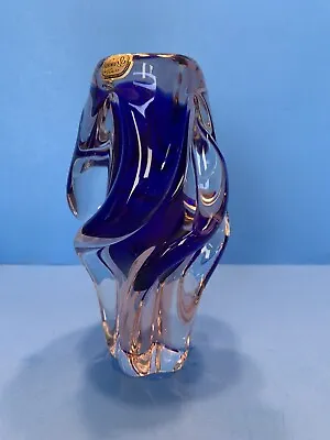 Vintage Chribska Glassworks Josef Hospodka Blue/Pink Twisted Vase - Czech • $25