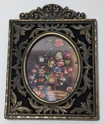 Vintage Ornate Brass Frame With Floral Picture Square - Italy • $10.95