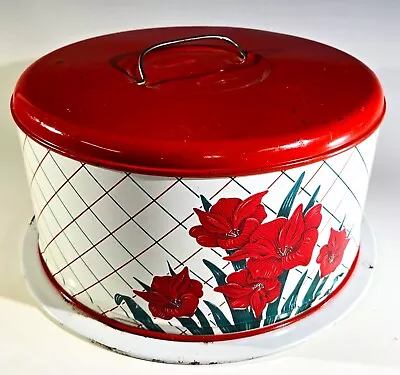 Vintage Mcm Red Hyacinth Design Enameled Steel Cake/pie Carrier W/ Locking Lid • $39