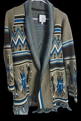 I Love H81 Sweater Poncho Open Front Cardigan Fringed Aztec Native Southwest S • $27.90