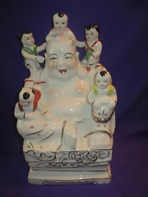 Vintage  Porcelain Laughing Buddha With Children Large  Figurine • £48