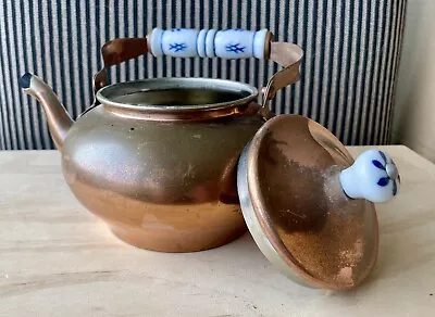 Vintage Copper Tea Pot With Ceramic Handle Blue White Mid Century Pattern • $10