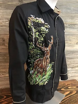 Mexican Men Handcrafted Guayabera Shirt Deer Embroidery Long Sleeve Black Linen • $50