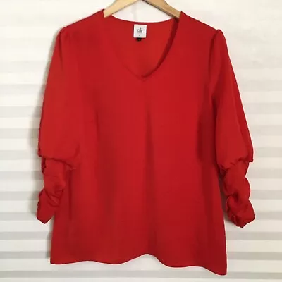 Cabi Women's Sz M Aurora Blouse Top V Neck 3/4 Puff Ruched Sleeve Red Style5709 • $24.99