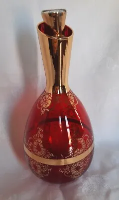 Murano Ruby Red Glass Decanter   Gold Trim With Stopper Barware Holidays  • $45.99