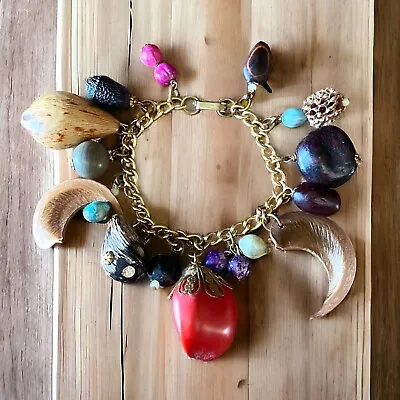 Vintage Hawaiian Nut Seed Bracelet Multicolored Charms Gold Tone Chain • $19