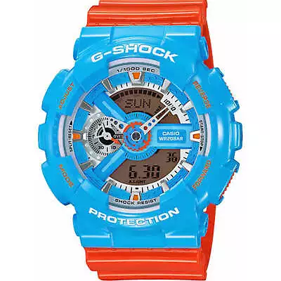 Casio Men's Watch G-Shock Alarm Blue Case Orange Resin Strap GA-110NC-2ACR • $130