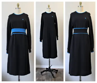 Vtg 80s NOS Halston Color Block Black Teal Waist Band Knit Sweater Dress M/L • $68