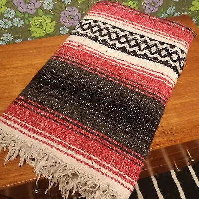 Red Grey Mexican Woven Stripy Falsa Yoga Picnic/Beach Blanket / Throw - Bobbly • £0.99