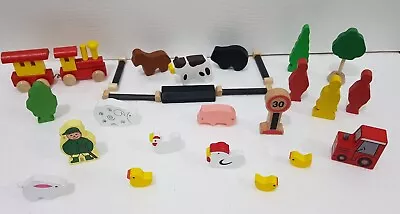 WOODEN FARM PLAYSET BUNDLE Animals PIG Duck WOOD TOY SET Childrens FARMER Cow • £9.99