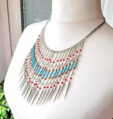 Native American Navajo Style Silver Tone Blue Red Beads Statement Necklace Bib • £13.50