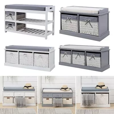 £59.95 • Buy Wooden Shoe Rack Storage Hallway Shoe Bench With Drawers Baskets & Seat Cushion 