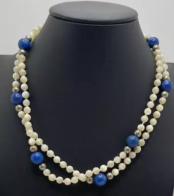 White & Blue Round Beaded Stone? Vintage? Necklace 34  Fashion Jewelry Unmarked • $5.99