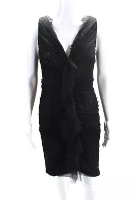 Melinda Eng Womens Ruched Mesh Lace V Neck Midi Sheath Dress Black Size 10 • $69.99