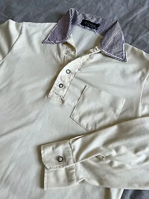 70s Disco Shirt XS-S 36  Slim Fit Graphic Spread Resort Collar Off-White Purple • £16.92