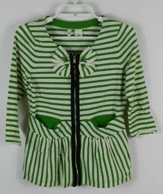 Moth Women’s Sm Beige Green Blouse Striped Bow Pockets ¾ Sleeve Exposed Zipper  • $18.99