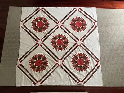 Mariner's Compass Quilt Top 60X60 In Red Brown White • $100