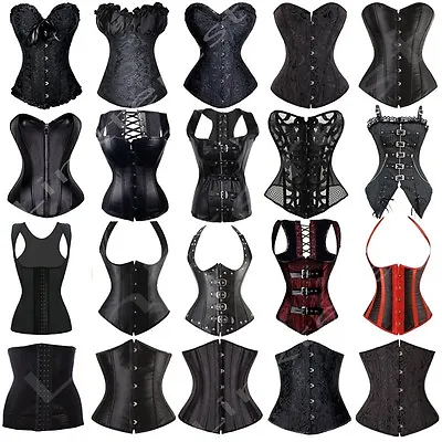 Black Punk Women Boned Waist Training Corset Overbust Lace Up Bustier Top Shaper • $34.79