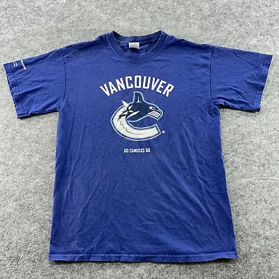 VINTAGE Vancouver Canucks Shirt Mens M Blue Logo Graphic Print Short Sleeve Y2K • $9.95