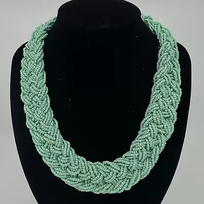 Necklace Mint Green Braided Seed Bead Thick Collar Silver Tone Chain 21-24.5” • $8.99