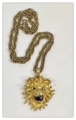 Vintage Gold Tone Statement Roaring LION HEAD Pendant Necklace W/ Amethyst • $60