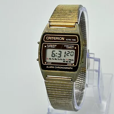 Vintage 1980s Men's CRITERION Digital LCD Alarm Chrono Gold Tone Sport Watch • $24.99